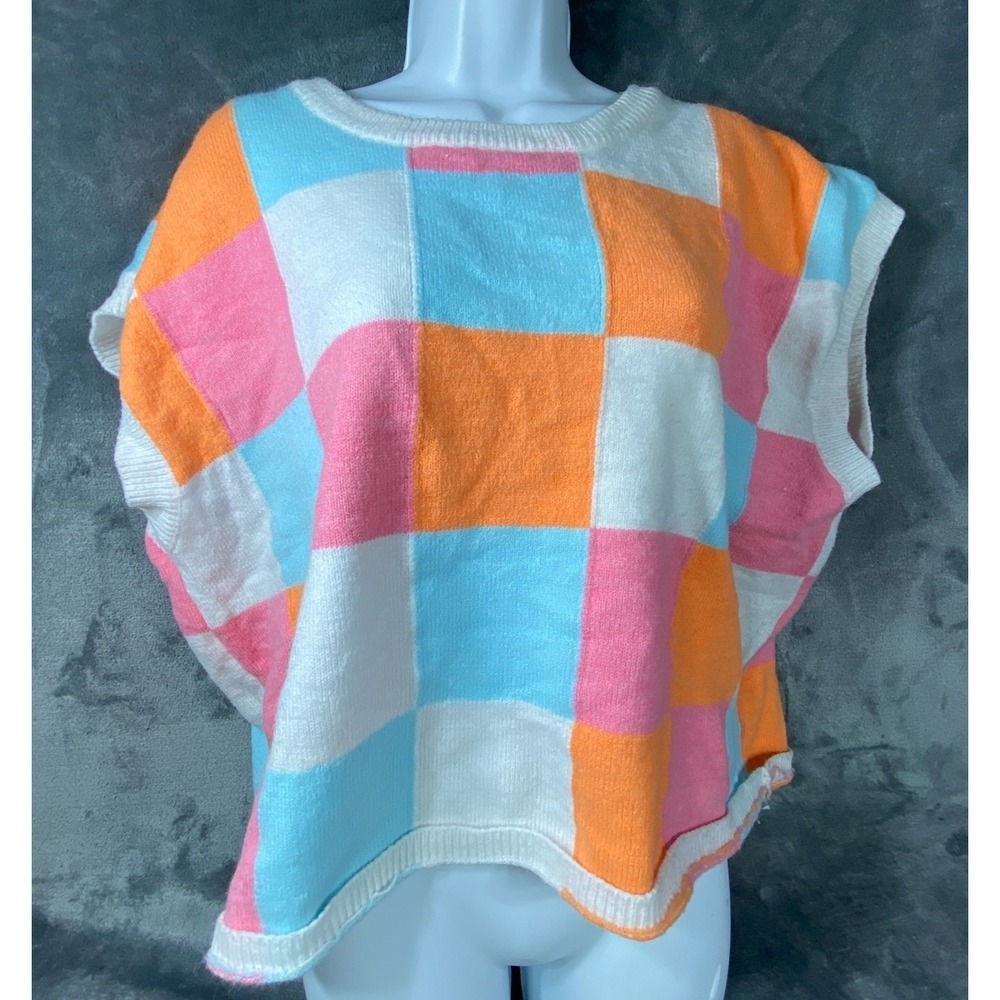 Colorblock Sweater Vest Womens XL White Pink Blue Orange Oversized Soft Knit